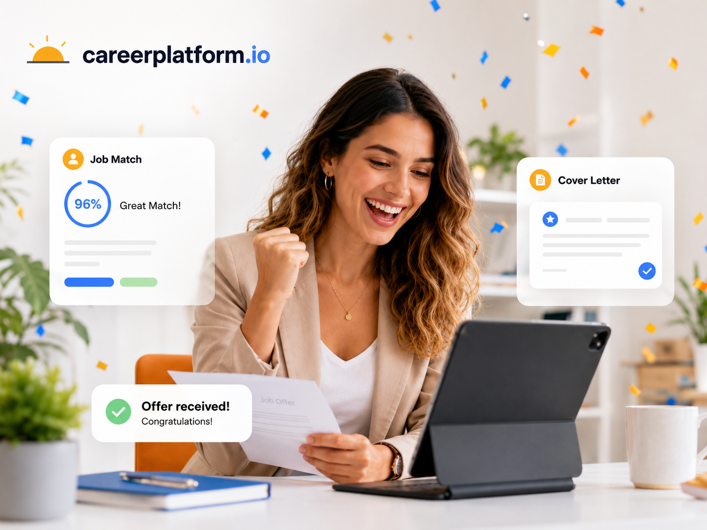 CareerPlatform Job Match and Cover Letter tools leading to an offer received moment